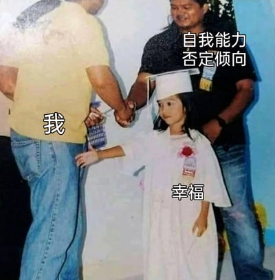 这张梗图改编自一张儿童毕业仪式的真实照片，通过给画面中的人物加注隐喻性文字，将左侧背身的成年男性定义为“我”，右侧拉着小女孩手的成年男性定义为“自我能力否定倾向”，身着毕业礼服的小女孩定义为“幸福”。画面里“幸福”（小女孩）渴望伸手拉住“我”，却被“自我能力否定倾向”紧紧拽住，生动具象地描绘出当人陷入自我否定的情绪内耗时，会被这种负面心理阻碍，难以触及和抓住属于自己的幸福的状态，精准戳中了有类似心理体验的人群的内心，引发强烈共鸣。