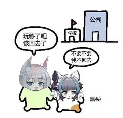 这是一张玩家二次创作的趣味梗图，将手游《碧蓝航线》中的两个Q版角色头像与简笔画风格的身体相结合，背景是简笔画绘制的学校和公司建筑。画面里，左边浅发带兽耳的角色笑着拉着右边的角色，说道“玩够了吧 该回去了”，右边灰发女仆造型的角色转头露出抗拒的神情，喊着“不要不要 我不回去”，精准戳中了人们假期结束后，对回归学习或工作场景的抵触心态，没有双关、谐音梗等内容。