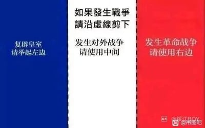 这是一张以法国国旗蓝白红竖条为布局模板的静态图文梗图，画面被分为三个竖栏区域，每个区域对应不同场景的戏谑式应对提示：左侧蓝色区域标注“复辟皇室 请举起左边”，中间白色区域标注“如果發生戰爭 請沿虛線剪下 发生对外战争 请使用中间”，右侧红色区域标注“发生革命战争 请使用右边”，用夸张搞笑的方式对应不同场景，属于网络趣味创作。