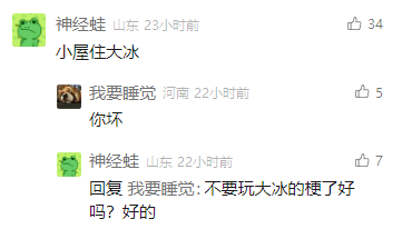 这是一张竖屏格式的社交媒体评论区截图，画面中展示了三位用户的评论互动：来自山东的用户“神经蛙”发布评论“小屋住大冰”，该评论获得34个赞；22小时后，来自河南的用户“我要睡觉”回复“你坏”，该回复获得5个赞；随后“神经蛙”再次回复“我要睡觉”，表示“不要玩大冰的梗了好吗？好的”，这条回复获得7个赞。用户头像均为卡通形象，分别是绿色青蛙和深色动物头像，整体是典型的网络社交平台评论区的互动场景，展现了玩梗与制止玩梗的对话过程。