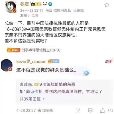 这是2024年4月28日发布于江苏的一条微博，时事点评领域TOP50博主@冬亚 发文称，18-60岁无宗教信仰、无体制内工作、无党派、无宗亲、不饲养猫狗的大陆汉族男性是目前中国法律抗性最低的人群，并质疑这是否是现实。评论区热评用户@kevin吴_random 调侃该群体是“我党的群众基础”，另有评论称这类群体“没用统战价值”，整体是带有黑色幽默的社会群体讨论内容。