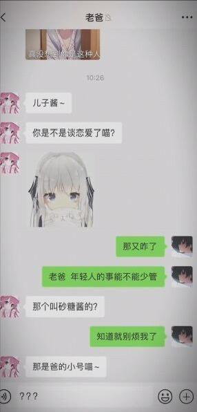 这是一段竖屏的微信聊天记录截图，对话发生在标注为“老爸”的账号与儿子之间。老爸先是用“儿子酱~”的软萌语气开启对话，询问儿子是否谈恋爱了，还提及名为“砂糖酱”的人；儿子表现出不耐烦，让老爸不要干涉年轻人的事，还让对方别烦自己。没想到老爸直接摊牌“那是爸的小号喵~”，最后儿子发出“？？？”的疑惑，整个对话充满了反差感，将老爸花式查岗的搞笑场景展现得淋漓尽致，营造出既尴尬又好笑的氛围。