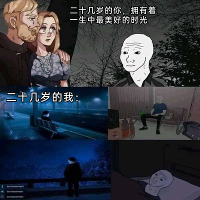 这是一张多图拼接的上下对比类网络迷因图，上方区域呈现了社会普遍认知中二十岁年轻人的理想生活状态：一对男女亲密依偎，配文“二十几岁的你，拥有着一生中最美好的时光”，传递出青春洋溢、幸福美满的氛围；下方区域由四张小图组成，均以经典网络迷因角色Wojak（失意者）为主体，分别展现了部分当代二十岁年轻人的真实生存场景：独自坐在深夜的户外长椅上、独自闷坐在家中、独自伫立在夜色笼罩的户外、独自躺在床上，整体画面充满孤独、落寞、迷茫的情绪。整张图通过理想中的美好青春与现实里的孤独日常形成强烈反差，精准戳中当代二十多岁年轻人在生活中面临的情绪困境，极易引发同龄群体的情感共鸣。