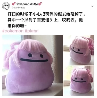 社交媒体帖子截图，展示了一个有趣的意外场景：一只紫色的百变怪毛绒玩具头上意外戴上了一个粉色的假发，看起来非常搭配。帖子包含三张不同角度的照片，分别从正面和侧面展示了戴假发的百变怪，整体氛围轻松搞笑。