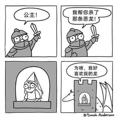 这是一幅四格连环卡通漫画，颠覆了传统“骑士屠龙救公主”的童话设定。第一格中，身着盔甲的骑士举着剑，兴奋地朝着城堡方向呼喊“公主！”；第二格骑士继续喊话，告知公主自己已经帮她杀掉了恶龙，脸上满是邀功的期待；第三格画面转到城堡窗口，公主趴在窗台上，露出惊讶的表情；第四格中，城堡旁边的龙露出了头部，公主从窗口探出身子，无奈又不满地吐槽骑士，说自己非常喜欢这条龙，让骑士的“好心”变成了办坏事，通过这种反套路的剧情制造出幽默搞笑的效果。