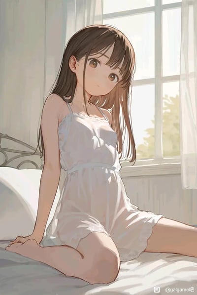 这是一幅AI生成的日系风格插画，画面中一位留着深棕色长发的少女，身着带有蕾丝边的白色吊带睡裙，坐在铺着浅色床单的床上，身体微微侧转，目光看向镜头方向。背景是明亮的窗户，薄纱窗帘半掩，窗外能看到模糊的绿植，清晨的柔和阳光洒在少女的发丝和衣裙上，整体氛围静谧温馨，画风清新治愈，充满了晨间的慵懒感。