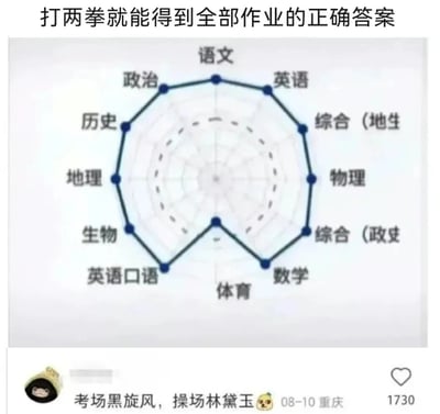 图片上方有文字'打两拳就能得到全部作业的正确答案'，中间是一个雷达图，图中包含语文、英语、物理、数学、体育、政治、历史、地理、生物、英语口语、综合（地生）、综合（政史）等多个学科标签，底部有社交媒体评论'考场黑旋风，操场林黛玉'及时间'08-10 重庆'和点赞数1730。整体通过夸张的标题和学科雷达图，幽默调侃学生希望轻松获得作业答案的心态。