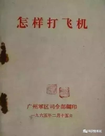 图片展示了一本历史军事文献的封面，上方用红色大字书写标题“怎样打飞机”，中间标注“一九六五年二月十五日”，下方有“广州军区司令部编印”字样及两枚红色印章。封面有明显的污渍和岁月痕迹，整体呈现出复古的纸质质感。