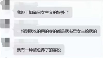 这是一段聊天记录截图，内容是一位创作女主视角网文的作者分享自己的趣味感悟：终于发现写女主文的好处，认为自己的吃穿用度都是靠书里的女主带来的，由此产生了一种被包养的喜悦感。这段文字用幽默自嘲的方式，调侃了网文作者靠创作女主文获得收入的日常，充满了创作者的趣味脑洞，能引发网文作者和爱好者的共鸣。