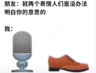 图片上方为朋友的对话文字：'就两个表情人们是没办法明白你的意思的'，下方以'我：'引出一个麦克风emoji和一只橙色鞋子emoji，通过emoji组合幽默回应朋友关于'两个表情无法传达意思'的观点，展现了网络沟通中用emoji表达的趣味场景。
