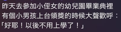 这是一张纯文字的搞笑内容图，内容为作者分享自己参加小侄女的幼儿园毕业典礼时的趣事：现场有个小男孩上台领奖时，兴奋地大声欢呼「好耶！以后不用上学了！」。孩子天真直白的发言精准戳中了许多人“不想上学”的心声，充满童趣又十分搞笑，没有双关、谐音梗或暗示内容。