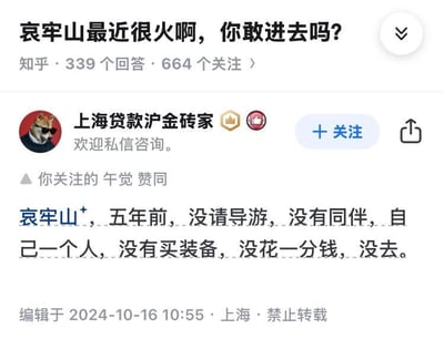 这是一张知乎平台的问答截图，页面顶部的问题为「哀牢山最近很火啊，你敢进去吗？」，该问题有339个回答、664个关注。用户「上海贷款沪金砖家」（头像为戴墨镜的Doge）给出了一个极具反差感的搞笑回答：「哀牢山，五年前，没请导游，没有同伴，自己一个人，没有买装备，没花一分钱，没去。」，前面用一大串铺垫营造出要讲述独自探险哀牢山的经历，最后转折说「没去」，用这种反转制造幽默效果。回答还被用户「午觉」赞同，编辑时间为2024年10月16日10:55，地点标注上海，并且标注禁止转载。针对图中的问题，实际哀牢山地形复杂、环境多变，存在迷路、遭遇野生动物等诸多风险，不建议无准备、无向导地独自进入，如需前往应做好充足的安全准备，跟随专业团队行动。