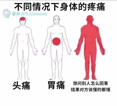 这是一张用于调侃社交场景的搞笑梗图，借用医学上用红色标注疼痛部位的示意图形式进行创作。图中包含三个人体线稿示意图，分别对应三种“疼痛”场景：第一个是头部被红色标注的人体线稿，对应真实的身体局部疼痛“头痛”；第二个是胃部被红色标注的人体线稿，对应真实的身体局部疼痛“胃痛”；第三个是全身被红色填充的人体示意图，配文“想问别人怎么回事，结果对方说懂的都懂”，这里的“全身疼痛”并非真实的身体疼痛，而是用来比喻当自己有疑问想要请教他人，对方却用“懂的都懂”这种模糊且敷衍的回应来打发自己时，内心产生的烦躁、无奈与无语的情绪，将这种社交中的尴尬无奈转化为“浑身难受”的具象化表达，十分贴切地戳中了人们在类似场景下的情绪共鸣。
