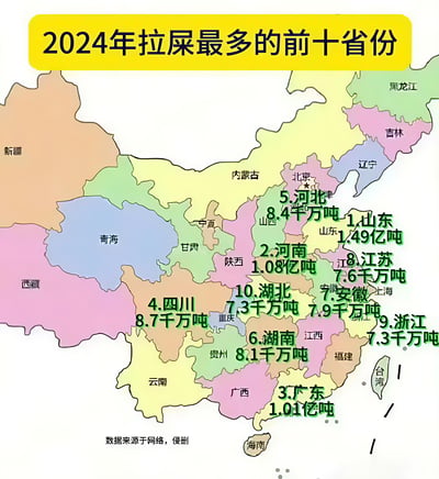 这是一张以中国地图为底图，配有醒目黄色标题“2024年拉屎最多的前十省份”的搞笑梗图。图中用绿色大号中文标注，列出了2024年拉屎量最大的十个中国省份及其粪便总量（如“山东 1.49亿吨”、“河南 1.08亿吨”），充满离谱感和无厘头恶趣味。此类梗图多以‘数据’为幌子，讽刺网络无意义比拼和部分自媒体内容的荒诞风格。无明显双关或谐音梗，但暗含“人口越多屎越多”的戏谑，并有对网络无聊数据的小小调侃。