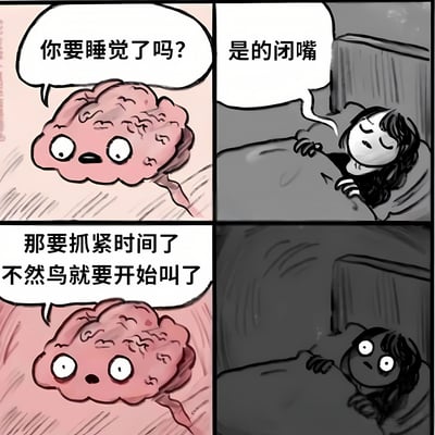 四格连环漫画描绘了失眠者与大脑的幽默对话。第一格：粉色拟人化大脑睁大眼睛问“你要睡觉了吗？”；第二格：躺在床上的人不耐烦地闭眼回应“是的闭嘴”；第三格：大脑继续认真提醒“那要抓紧时间了不然鸟就要开始叫了”；第四格：原本闭眼的人瞬间惊恐睁眼。通过夸张的表情和生活化的对话，幽默展现了失眠时大脑过度活跃的无奈场景。