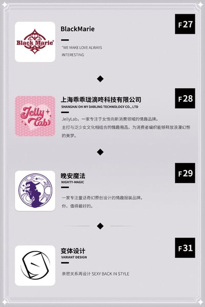 图片为四个情趣品牌的信息列表，包含品牌logo、名称、描述及代码。从上到下依次为：BlackMarie（代码F27，标语'WE MAKE LOVE ALWAYS INTERESTING'）；上海乖乖珑嘀咚科技有限公司旗下JellyLab（代码F28，专注女性向新消费领域，主打泛少女文化结合的情趣用品）；晚安魔法NIGHTY-MAGIC（代码F29，专注童话奇幻原创设计的情趣服装品牌，标语'你，值得最好的'）；变体设计VARIANT DESIGN（代码F31，标语'亲密关系再设计 SEXY BACK IN STYLE'）。整体为浅灰色背景，图文混排布局，信息清晰。