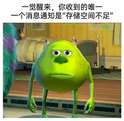 这是一张改编自动画电影《怪兽电力公司》的表情包，图片上方配有文字“一觉醒来，你收到的唯一一个消息通知是‘存储空间不足’”。图中展示的是动画角色麦克·华斯基，它身处卧室场景中，眉头微皱、嘴角下撇，神情低落沮丧，姿态无精打采。该表情包通过角色的失落神态，精准传达了人们醒来后未收到任何在意的消息，仅收到手机存储空间不足提示时的郁闷、失落与无奈，戳中了大众日常使用电子设备时的普遍痛点。