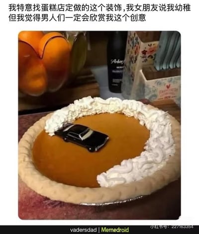 图片展示了一个蛋糕，上面特意用奶油围出类似汽车甩尾轨迹的造型，并放置了一辆小汽车模型，形成美食和玩具结合的趣味场景。配文吐槽女友觉得这个装饰幼稚，但发帖人觉得男性会欣赏这样的创意。整个画面既搞笑又体现了男孩气的趣味，其中奶油线条模拟了汽车漂移，形成视觉双关和趣味性。

*图中有明显双关/暗示：奶油的轨迹像是汽车漂移的刹车痕迹，蛋糕表面被玩具车“漂移”切割。*