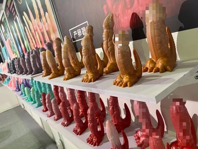 图片展示了一个展览场景，多个颜色各异的龙形雕塑整齐排列在白色展架上。这些雕塑呈现出不同的颜色，包括紫色、橙色、金色、红色和绿色等，造型上具有龙的特征，如头部、爪子和尾巴。背景中可以看到一个写有“产卵器”字样的标牌，表明这些物品的名称或用途。部分展品细节被模糊处理。