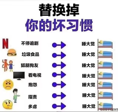 这是一张在网络流传的趣味梗图，整体为白背景的图文排版，顶部写有黑色加紫色的醒目标题「替换掉你的坏习惯」，内容分为左右两列，左列搭配对应图标列出了不停追剧、吃垃圾食品、和狐朋狗友来往、看电视、抱怨、指责他人、多虑共7种被归为坏习惯的行为，每一项都通过蓝色箭头指向右列的统一解决方案「睡大觉」，右列每项都配有床的图标，用戏谑夸张的方式调侃年轻人用睡觉逃避不良生活习惯的心态，风格轻松搞笑，符合社交平台玩梗的特点。
