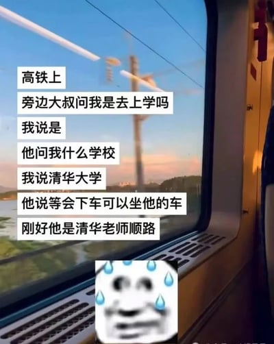 图片主体为高铁车厢内视角，窗外是傍晚时分的田野风光，可见电线杆与蓝天晚霞。画面中央以白色文字框呈现一段对话：高铁上大叔询问是否上学，回答是后被追问学校，谎称清华大学后，大叔表示自己是清华老师可顺路接送。底部配有一个经典的流汗熊猫头表情包，双眼圆睁、额头和脸颊挂着汗珠，生动展现出说谎被“拆穿”（或即将露馅）的尴尬与慌张情绪。整体通过生活化场景与夸张巧合制造幽默效果，无谐音梗或双关含义。