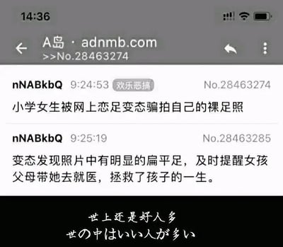 这是一张A岛论坛的帖子截图，属于反转类恶搞网络段子。截图上方显示论坛地址A岛·adnmb.com以及帖子编号No.28463274，用户nNABkbQ先发布了一条内容，称小学女生被网上的恋足变态骗拍了裸足照；紧接着发布第二条内容进行反转，表述这个变态从照片里发现女孩有明显的扁平足，及时提醒女孩父母带她就医，拯救了孩子的一生。图片底部还添加了文字“世上还是好人多”以及对应的日文“世の中はいい人が多い”，通过将原本负面的变态行为赋予了拯救女孩的正面结果，制造出强烈的反差感，形成荒诞搞笑的效果，属于典型的网络反转迷因。