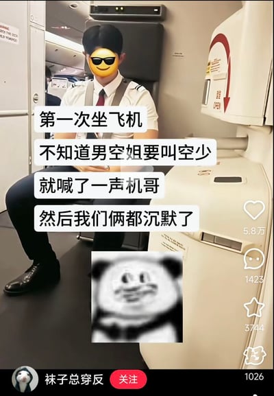 这张图片展示了一个发生在飞机上的尴尬搞笑场景。图中是一位穿着制服的男空乘人员坐在飞机舱内，他的脸被一个戴着墨镜的笑脸表情包遮挡。图片上叠加的文字讲述了一个第一次坐飞机的人的经历：因为不知道男空乘应该叫空少，误喊了一声"机哥"，导致双方陷入沉默的尴尬局面。图片底部还配有一个模糊的熊猫头表情包，增强了搞笑效果。整个画面通过真实场景与表情包的结合，营造出一种幽默诙谐的氛围。