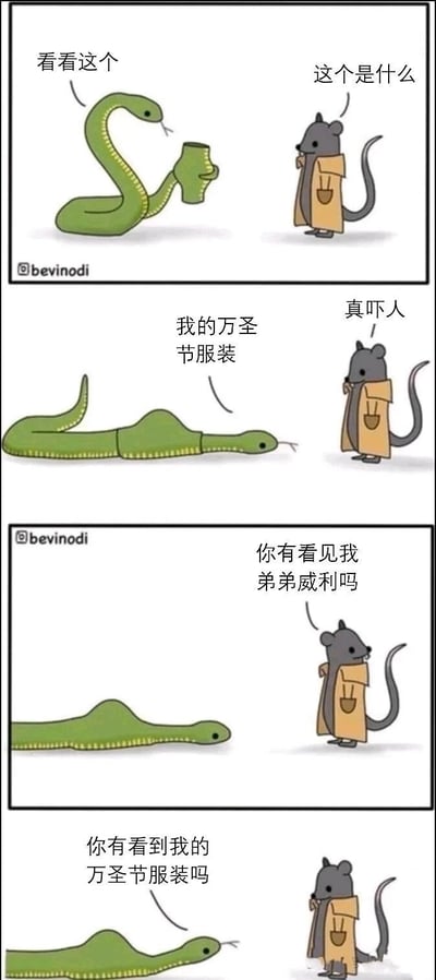 这是一组四格连环卡通漫画，围绕万圣节展开黑色幽默剧情：第一格，绿色的蛇举着一件小型衣物向面前的老鼠展示，老鼠疑惑地询问这是什么；第二格，蛇将这件衣物套在自己身上，身体鼓出一个包，它告诉老鼠这是自己的万圣节服装，老鼠见状表示“真吓人”；第三格，一只看起来是哥哥的老鼠找到蛇，焦急地询问是否见过自己的弟弟威利，此时蛇的身体鼓包依然存在，暗示那件衣物属于威利，且威利已经被蛇吃掉；第四格，蛇的身体鼓包消失，它向老鼠询问是否看到自己的万圣节服装，同时老鼠的尾巴明显变短，暗示蛇已经将威利消化，并且可能对这只老鼠也发起了攻击，整个故事用荒诞的设定，把万圣节服装的梗和蛇吃老鼠的自然行为结合，制造出黑色幽默的笑点。