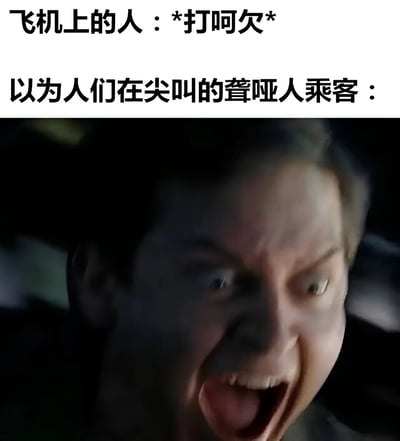 图片上半部分为文字说明：'飞机上的人：*打呵欠*' 和 '以为人们在尖叫的聋哑人乘客：'，下半部分是一张影视截图，内容为一名男子面部表情极度夸张，嘴巴大张，眼睛圆睁，呈现出惊恐尖叫的状态。整体通过文字与图片结合，表现了聋哑人乘客因无法听到声音，将他人打哈欠的动作误解为人们在尖叫的搞笑情景。