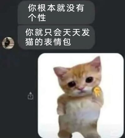 这是一张社交聊天记录截图，上方是聊天对象发送的两条指责消息：“你根本就没有个性”“你就只会天天发猫的表情包”，下方回复的是一张拟人化的橘猫表情包。这只橘猫眼眶泛红，神情委屈，以站立的姿势将一只手放在脸颊旁，仿佛在为被指责而难过，用表情包的方式回应了对方的指责，形成了搞笑又带点委屈的反差感，十分贴合日常聊天里的趣味互动场景，能生动地表达出被吐槽时的无奈与委屈情绪。