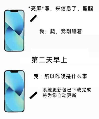 这是一幅由上下两部分组成的连环图文，描绘了智能手机用户被深夜通知吵醒的无奈经历。第一部分为深夜场景：手机突然亮屏，以“*亮屏*嘿，来信息了，醒醒”的提示打扰刚睡着的用户，用户烦躁地回复“爬，我刚睡着”；第二部分为第二天早上的场景：用户疑惑地询问“所以昨晚是什么事”，得到的却是手机“系统更新包已下载完成 将为您自动更新”的回复，精准还原了许多用户被手机深夜无关系统更新通知吵醒的真实烦恼，引发共鸣。