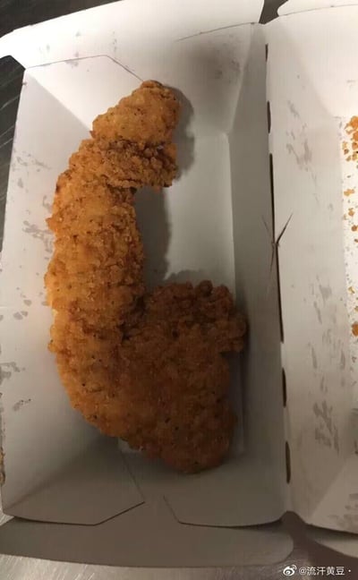 这是一张装在白色餐盒里的炸鸡肉实拍图，这块炸鸡的外形巧合地酷似人类的肌肉手臂，凸起的部分如同饱满的肱二头肌，造型十分新奇有趣，毫无人工刻意塑造的痕迹，完全是食材本身的自然形状，让人看到后忍俊不禁。