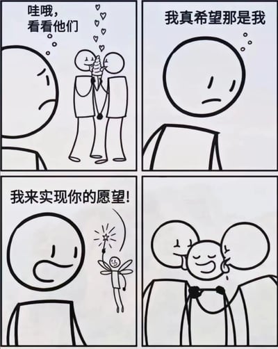 这是一张四格连环漫画,主要讲述了一个旁观的棍图人物看到一对情侣棍图亲吻后心生羡慕,许愿自己也能拥有这样的爱情。随后一位神仙出现表示要实现他的愿望,结果却将他变成了一个双头棍图,让两个头互相亲吻,呈现出一种搞笑的反转效果。