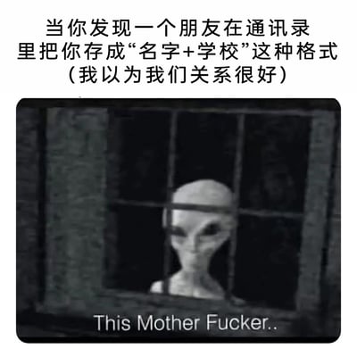 这是一张结合了文字与经典梗图的二次创作内容，上方的中文文字描述了一个社交场景：当事人本以为自己和朋友关系十分亲近，却意外发现自己在对方的通讯录里被以“名字+学校”的格式备注，这种带有身份标识的备注方式让当事人产生了强烈的落差感与被冒犯的情绪。下方搭配的是国外经典的“窗外外星人”梗图，外星人面色阴沉地透过窗户栏杆向内凝视，下方配文粗俗的英文口语“This Mother Fucker..”，将那种被“背叛”的愤怒、无语情绪具象化，精准戳中人们在社交中期待被同等重视却落空的情绪共鸣点，十分生动地展现了这种瞬间的崩溃与恼火。