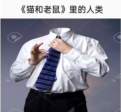 这是一张经过P图改编的搞笑梗图，画面主体是一个被移除头部的真人，身着白衬衫、黑西裤，双手正在系蓝紫条纹领带，图片上方配有文字“《猫和老鼠》里的人类”。该图通过这种无头的形象，调侃经典动画《猫和老鼠》中人类角色通常只露出身体部分、不会展示完整头部的标志性设定，以此制造出幽默的反差效果，契合网络玩梗的创意风格。