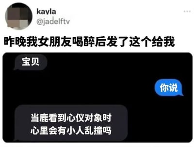 这是一张结合了社交媒体帖文和聊天记录的静态图，顶部是X平台用户kayla的账号信息及配文“昨晚我女朋友喝醉后发了这个给我”，下方是两人的聊天界面截图：女朋友先称呼对方“宝贝”，男方回复“你说”，随后女朋友提问“当鹿看到心仪对象时 心里会有小人乱撞吗”，巧妙玩了“小鹿乱撞”的谐音梗，用可爱的脑洞提问隐晦表达自己对男朋友的心动，整体内容甜蜜有趣，充满恋爱的氛围感。