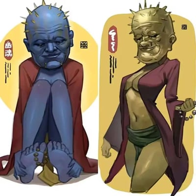 这是一张左右分栏的风格化卡通角色设计图，呈现了同一款‘幽魂’形象的男女两种设计：
- 左侧为蓝色皮肤的男性幽魂，光头布满尖刺，身披红色长袍，双腿蜷缩抱膝而坐，双脚并拢，脚腕处有串珠装饰，神情阴郁低落；
- 右侧为金色皮肤的女性化幽魂，同样光头带尖刺，身着敞开的酒红色长袍，内搭绿色内裤，露出腰腹，侧身站立，手搭在手臂配饰上，神情轻佻戏谑。
图中左侧标注‘幽魂’书法字样，还有两处‘幽’字印章样式水印，整体画风偏向暗黑诙谐的佛系魔改风格，无谐音或双关梗。