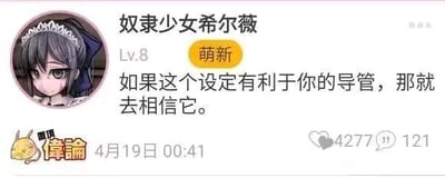 这是一张竖屏格式的社交媒体截图，属于图文混排的顶配底文图。图中用户使用游戏《Teaching Feeling》的角色奴隶少女希尔薇作为头像，昵称也为“奴隶少女希尔薇”，等级Lv.8，带有“萌新”标签，发布了文字内容：“如果这个设定有利于你的导管，那就去相信它。” 内容中的“导管”是低俗谐音梗，暗指与自我安慰相关的含义，意思是只要某个设定能满足自身私欲，就选择相信它，玩了低俗的双关。截图左下角有“置顶 偉論”的标识，下方显示该内容获得4277个点赞、121条评论，发布时间为4月19日00:41。