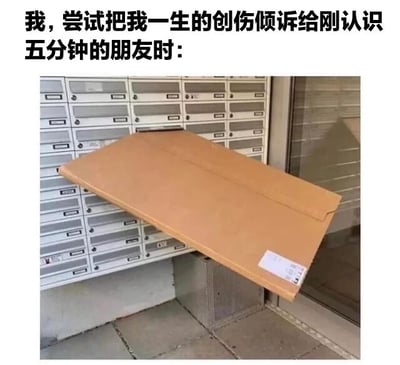 图片上方配有文字'我，尝试把我一生的创伤倾诉给刚认识五分钟的朋友时：'，下方是一张实拍图：一个巨大的纸箱倾斜靠在信箱墙上，箱盖敞开，仿佛象征着倾诉者毫无保留、急切释放内心创伤的状态，用纸箱的大容量和不设防来幽默比喻这种社交行为中的过度坦诚。