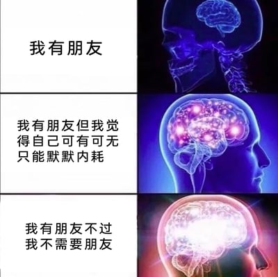 这是一张由三部分上下拼接的图文内容，每部分左侧为文字，右侧是对应内心状态的大脑示意图。第一部分文字为“我有朋友”，右侧是处于平静状态的大脑线稿图示，对应拥有朋友的平淡心态；第二部分文字是“我有朋友但我觉得自己可有可无只能默默内耗”，右侧是大脑多处亮灯、处于活跃焦虑状态的图示，精准对应在友情关系中自我怀疑、默默内耗的情绪；第三部分文字是“我有朋友不过我不需要朋友”，右侧是大脑全亮、呈现出强烈自我封闭且坚定状态的图示，展现了自我接纳、不再依赖友情的心理。整组图通过大脑状态的递进，生动描绘了三种不同的关于友情的内心状态，引发人们在人际关系中的情绪共鸣。