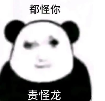 这是一张经过人脸合成的熊猫头表情包，画面主体是融合了人类委屈不满神情的熊猫头形象，它的一只眼睛看起来模糊，仿佛带着委屈的情绪，直视前方。图片上方配文“都怪你”，下方配文“责怪龙”，用“责怪龙”的谐音强化了“都怪你”的责怪情绪，整体风格搞怪又带点撒娇感，适合在日常社交场景中向他人撒娇式吐槽、传递委屈又略带不满的小情绪。