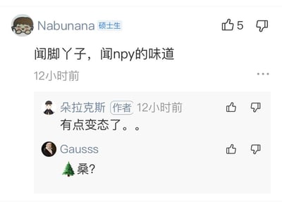 这是一张社交媒体评论区的截图，用户Nabunana（标注为硕士生）发布评论“闻脚丫子，闻npy的味道”，该评论获得5个点赞；话题作者朵拉克斯看到后回复吐槽“有点变态了。。”；另一位用户Gausss则发送了圣诞树表情和“桑？”的疑问，形成了一段搞怪有趣的网友互动。其中“npy”是网络热词，指代“女朋友/男朋友”，Gausss的回复结合圣诞树表情，疑似谐音梗，增添了互动的趣味性。