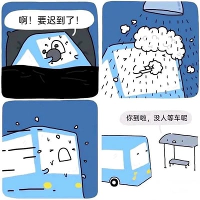 这是一则四格连环卡通漫画，采用拟人化的创作手法：第一格中，拟人化的公交车从被窝里惊醒，一脸慌张地喊出“啊！要迟到了！”，模仿打工人赶点上班的状态；第二格中，公交车在大雨里飞速行驶，车身溅起水花，展现出急切赶路的模样；第三格中，公交车跑得满头大汗，表情依旧慌张，显然在拼命赶时间；第四格中，公交车终于赶到公交站，却听到公交站平淡地说“你到啦，没人等车呢”，让公交车此前的忙碌奔波瞬间失去意义，用这种反差感制造出搞笑效果，同时隐喻了现实中打工人白忙活的无奈场景，容易引发职场人士的共鸣。