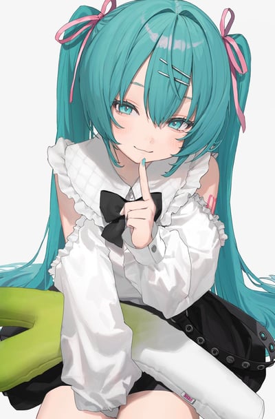 这是一幅虚拟歌手初音未来的同人插画，角色保留了标志性的青蓝色双马尾，用粉色丝带束起，身着带荷叶边的白色露肩衬衫，搭配黑色领结与黑色下装。她脸颊晕着淡淡的红晕，眼神柔和带羞，将食指轻抵在唇边，露出温柔的浅笑，整体画风细腻清新，纯白背景简洁干净，完美突出了人物软萌娇羞的气质。