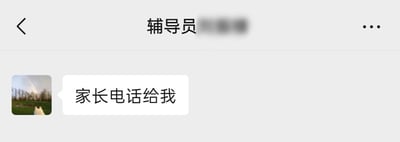 这是一张聊天记录截图，显示联系人“辅导员”发送消息“家长电话给我”。界面顶部显示“辅导员”字样（部分信息模糊处理），左侧配有一张风景头像，内容为带有彩虹的郊外景色，前景有一只白色动物（疑似狗）。整体场景模拟学生收到辅导员关于家长来电的通知，可能引发学生的紧张或担忧情绪。