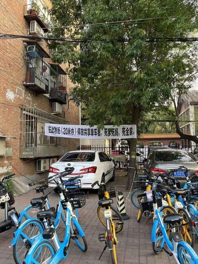 图片展示了一处居民小区场景，左侧为红砖居民楼，墙面装有空调外机和防护栏，楼前悬挂着一条白色横幅，上面用黑色字体写着极具攻击性的标语：“在本楼附近（20米内）停放共享单车者：死爹死妈，死全家。”横幅下方停放着多辆蓝黄相间的共享单车，旁边有白色和银色轿车停靠，中间有一棵枝叶茂盛的大树，背景可见小区其他建筑和停放的车辆。整体场景反映了居民对共享单车乱停放问题的强烈不满和冲突。