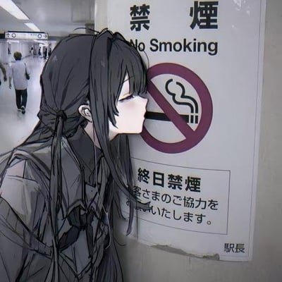 这是一张AI生成的创意趣味图，画面呈现地铁站场景，一位长发的原创动漫少女侧头贴近墙面的禁烟标识。通过视觉错位效果，少女的嘴唇恰好与标识中被红圈斜杠禁止的香烟图案重合，看起来仿佛少女正在吸食这支“禁烟标识里的香烟”，与标识本身的禁烟含义形成强烈反差，制造出荒诞搞笑的趣味效果。背景中可以看到地铁站通道的行人，标识上同时标注了日文和英文的禁烟提示文字。