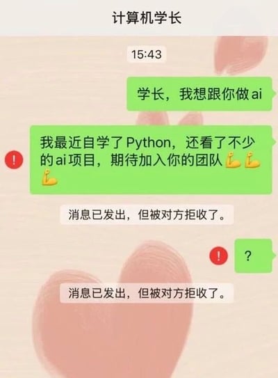 这是一张聊天记录截图，显示用户向备注为“计算机学长”的人发送消息：“学长，我想跟你做ai”，紧接着解释“我最近自学了Python，还看了不少的ai项目，期待加入你的团队👟👟”，但两条消息均显示“消息已发出，但被对方拒收了”。背景有浅色心形图案。
图片中存在双关语：“做ai”既可以指“做AI（人工智能）项目”，也可能被误解为不雅含义，导致学长拒收消息，制造出搞笑又尴尬的效果。