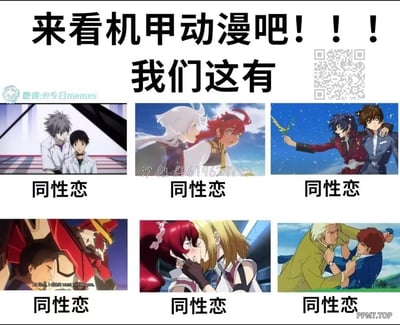 图片为机甲动漫宣传拼贴图，顶部大字标题“来看机甲动漫吧！！！我们这有”，下方以2行3列形式排列6张机甲动漫截图，每张截图下方均标注“同性恋”文字。左上角有水印“微博@今日memes”，中间某张截图叠加“沙雕群619629743”字样，右下角有“PPM7.TOP”标识，右上角配有二维码。通过将机甲动漫宣传重点错位为“同性恋”元素制造反差幽默效果。