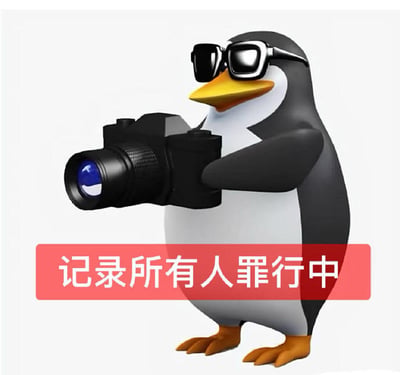 3D企鹅形象的网络梗图角色'高雅人士'，戴着黑色墨镜，手持黑色相机正专注拍摄，下方配有红色横幅文字'记录所有人罪行中'。角色保留了'笨拙体态+精英装扮'的反差萌特质，通过拟人化的拍摄行为与文字结合，形成幽默讽刺的效果，延续了该梗图作为年轻人'电子嘴替'的表达功能。